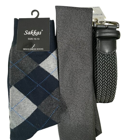 Mens Gift Set Perry Ellis Belt Alfani Tie Argyle Socks Sakkas Gray Black NWT - Picture 10 of 10